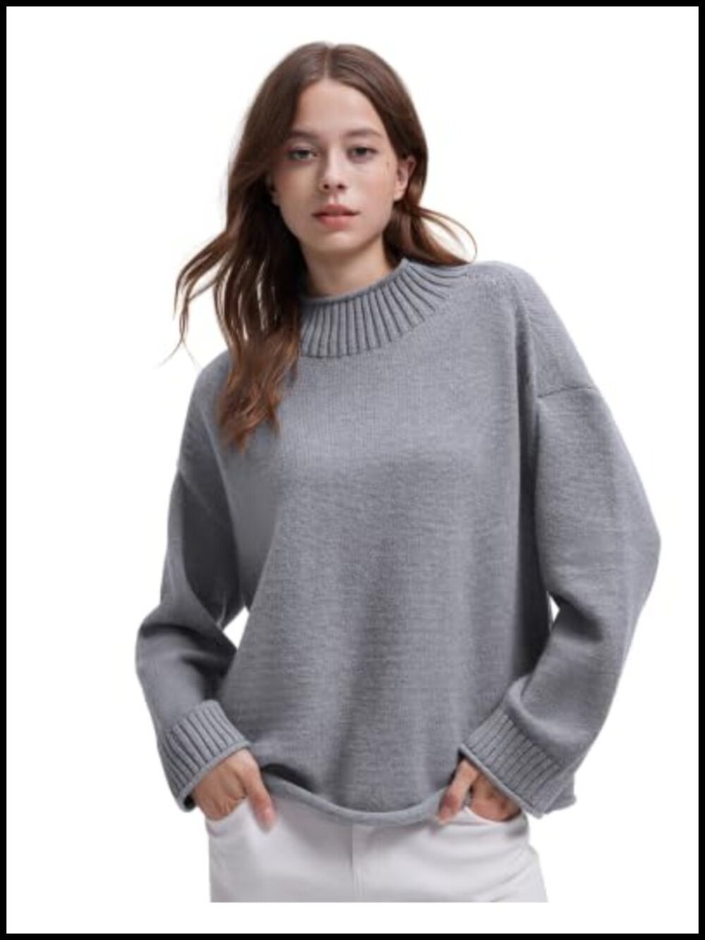 Cashmere Blend Oversized Mock Neck Pullover Sweater Ribbed Knit